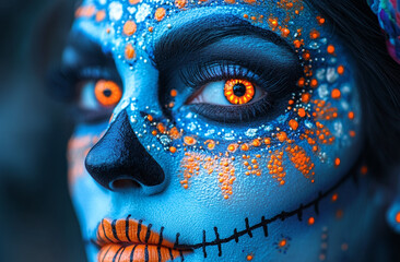 Day of the Dead. halloween. A person in makeup for the day of the dead. The skull mask. A dead man's mask. A colored skull mask. A black and white grimm of a dead man. Skeleton dolls. The witch 