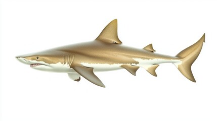 Lemon Shark known scientifically as Negaprion brevirostris displays its distinct physical characteristics isolated against a clean white backdrop.