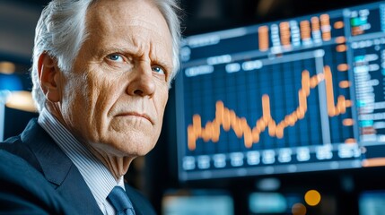 Poster - Staring at a number of screens showing severe stock market declines, red graphs and real-time data reflecting the crash, stress and anxiety visible on his face, dark, intense mood.