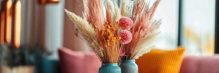 Poster - Dried flowers in various textures and colors are elegantly arranged in vases, enhancing the cozy atmosphere of the apartment's interior. Generative AI