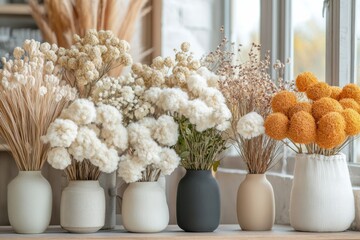 Poster - Fluffy dried flowers in various shades are arranged in minimalist vases, brightening up a stylish apartment interior. Generative AI