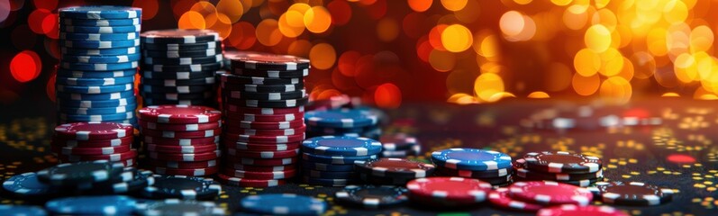 Many stacks of poker chips on a table, banner, copy space