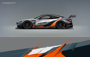 sporty racing graphics touch of orange lines Racing Car branding with racing wrap decal or livery design.