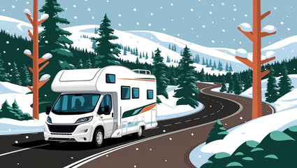 Motorhome driving on the road winter, flat design illustration banner