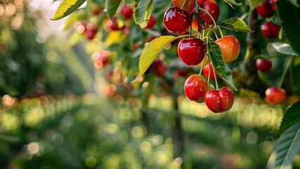 Poster - This Fresh red cherries hang from branches, ready for harvest in a sunny orchard.