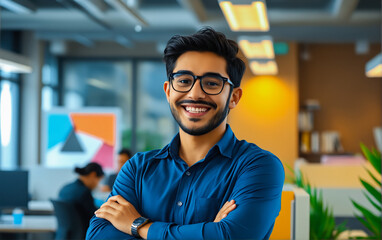 Portrait of a young guy in a business style in the office. Startup founder, investor against the background of a working team.