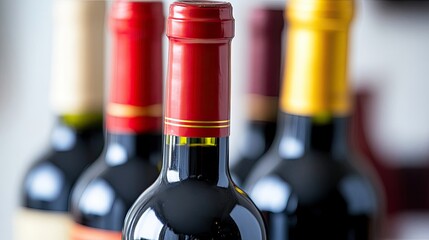 Poster - Bordolese Wine Bottles With Colorful Caps Arranged on a Shelf Generative AI