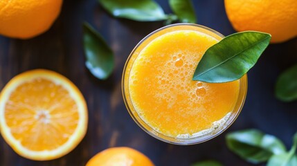 Poster - A glass of freshly squeezed orange juice sits on a rustic wooden table, surrounded by ripe oranges and vibrant green leaves. Generative AI