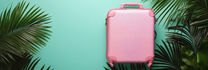 A vibrant pink suitcase stands out against a green background, framed by palm leaves, evoking a sense of wanderlust and summer excitement. Generative AI