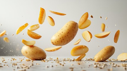 Poster - Fresh Potatoes Falling With Slices in Mid-Air on a Light Background Generative AI