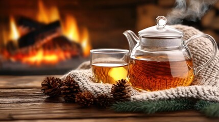 Enjoy a warm glass of tea from a beautiful teapot placed by the fireplace, creating a cozy ambiance for relaxation and comfort