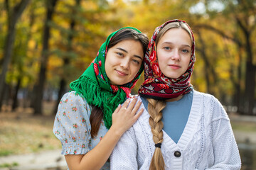 Wall Mural - Russian beauty - young beautiful woman in a traditional headscarf