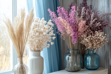 Poster - Bright, fluffy dried flowers in glass and ceramic vases decorate a bright apartment corner, adding a touch of elegance and warmth. Generative AI