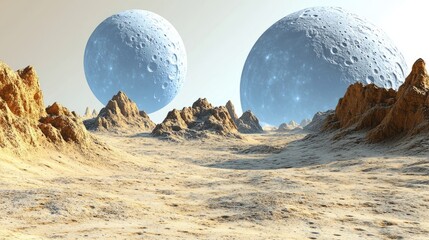 Poster - Alien Landscape With Twin Moons Casting Light on Desolate Terrain Generative AI