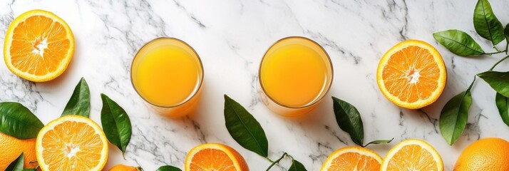 Poster - Two glasses of refreshing orange juice sit on a marble surface, surrounded by fresh oranges and green leaves, creating a vibrant atmosphere. Generative AI