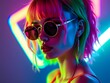 © LilithArt - Futuristic woman with neon lighting, edgy fashion model in round sunglasses, vibrant colorful lights, cyberpunk aesthetic