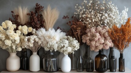Poster - Fluffy dried flowers in various shades are artfully arranged in stylish vases, enhancing the apartment's welcoming atmosphere. Generative AI