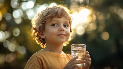 little boy with a glass of water on a summer day against the background of slightly blurred trees an