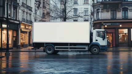 Delivery truck standing on the street sideways with a white empty space in the truck with room for graphics, logo or text against the background of buildings in the city
