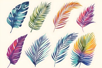 Wall Mural - A set of watercolor palm leaves on a white background