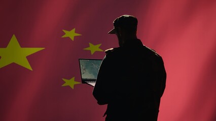 Poster - Chinese soldier using radar detecting ballistic missile attacks and conducting general space surveillance and satellite tracking. CCP agent using military laptop software preventing rockets, camera B