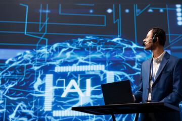 Poster - Public speaker talking with audience during remote call online AI webinar hosting leading experts and researchers exploring latest insights in artificial intelligence technology