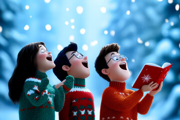 Three animated characters in festive sweaters singing joyfully in a snowy landscape, holding a book with a winter theme, radiating holiday cheer and warmth.