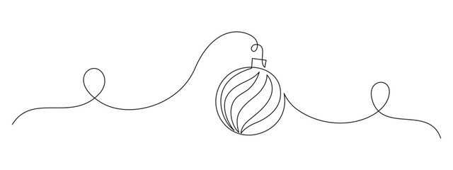 Poster - One Continuous line drawing of Christmas ball. Festive christmas tree bauble with ribbon in simple linear style. Editable stroke. Doodle oneline vector illustration