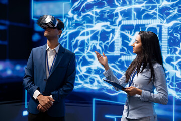 Poster - Technology company CEO using conference as platform to present latest AI and VR headsets products. IT experts at convention showing business investors virtual reality tech