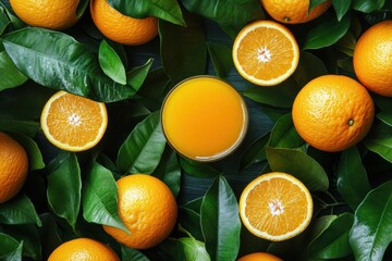 Poster - A glass of freshly squeezed orange juice sits among whole and sliced oranges, complemented by green leaves, creating a bright display. Generative AI