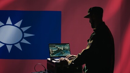 Poster - Taiwan freedom fighters air defense command operator using radar to detect ballistic missiles launched by China. Taiwanese army soldier scanning rockets during military invasion, camera B