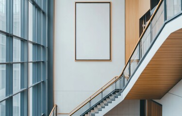 Wall Mural - A blank poster frame mounted on the wall of an office building, complemented by stairs leading up, showcasing a simple modern interior design with white walls and wood accents