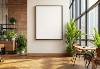 Wall Mural - A blank white poster frame hanging on the wall of an office with light wood floors and concrete walls, featuring a conference room in the background, surrounded by large potted plants and desks 