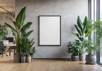 Wall Mural - A blank white poster frame hanging on the wall of an office with light wood floors and concrete walls, featuring a conference room in the background, surrounded by large potted plants and desks 