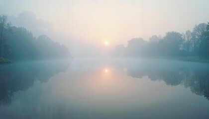 Wall Mural - Misty sunrise over calm lake with forest reflection