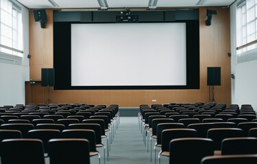 A blank whiteboard positioned in the center of an empty conference room with rows of black chairs, creating a clean and professional atmosphere ideal for presentations or workshops.