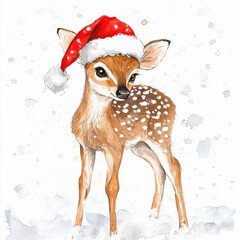 adorable fawn in a red santa hat standing amidst falling snow, illustrated in watercolor on a white 