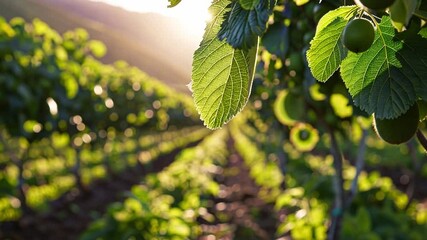 Poster - This sunlit vineyard with green leaves and ripening grapes stretching into the distance.