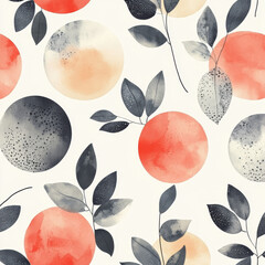 Wall Mural - Soft watercolor circles and handdrawn leaves form an artistic seamless pattern, combining abstract shapes with natural elements. A perfect design for chic fabric prints, wallpapers, or creative decor.