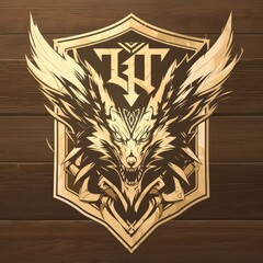 A striking emblem featuring a fierce wolf with wings, set against a rustic wooden backdrop.