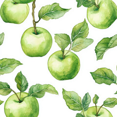 Wall Mural - A seamless pattern with bright green apples and leaves, botanical watercolor illustration. The fresh, crisp apples and foliage repeat beautifully on a white background, perfect for home decor or