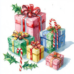 Wall Mural - Watercolor illustration of Christmas gifts in different shapes and sizes, wrapped in colorful paper with candy canes and holly leaves peeking out, all set against an isolated white background. Ideal