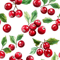 Wall Mural - A seamless pattern with vibrant red cranberries and delicate green leaves, botanical watercolor illustration. The juicy berries are scattered across a white background, creating a fresh winterthemed