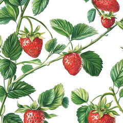 Wall Mural - A seamless pattern with juicy red strawberries and vibrant green leaves, botanical watercolor illustration. Lush strawberry branches and berries repeat against a soft white background, perfect for