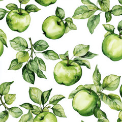 Wall Mural - A seamless pattern with bright green apples and leaves, botanical watercolor illustration. The fresh, crisp apples and foliage repeat beautifully on a white background, perfect for home decor or