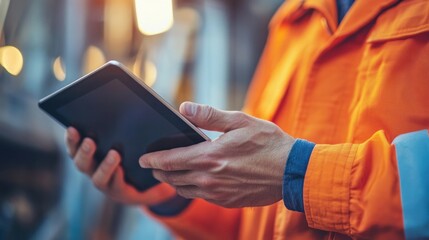 Poster - A worker in an orange jacket using a tablet in an industrial setting.