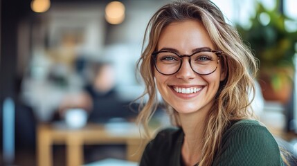 Wall Mural - Smiling Woman in Cafe