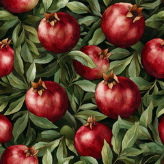 Wall Mural - A seamless pattern featuring deep red pomegranates with green leaves, botanical watercolor illustration. The intricate, textured fruits add richness and depth to the design, perfect for elegant