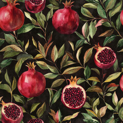 Wall Mural - A seamless pattern featuring deep red pomegranates with green leaves, botanical watercolor illustration. The intricate, textured fruits add richness and depth to the design, perfect for elegant