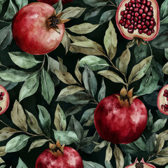 Wall Mural - A seamless pattern featuring deep red pomegranates with green leaves, botanical watercolor illustration. The intricate, textured fruits add richness and depth to the design, perfect for elegant